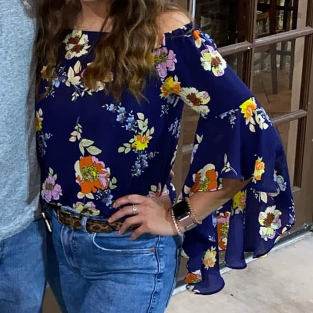 Pointelle Floral Off-Shoulder Blouse